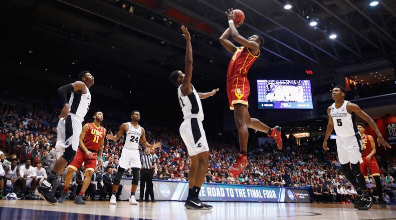 DAYTON, OH - MARCH 15: Chimezie Metu #4 of the USC Trojans shoots the ball in the first half against the Providence Friars during the First Four game in the 2017 NCAA Men’s Basketball Tournament at UD Arena on March 15, 2017 in Dayton, Ohio. (Photo by Gregory Shamus/Getty Images)