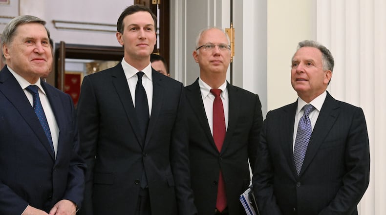 FILE - U.S. special envoy Steve Witkoff, right, Russian presidential foreign policy adviser Yuri Ushakov, left, Russian Direct Investment Fund CEO Kirill Dmitriev, second right, and Jared Kushner, U.S. President Donald Trump’s son-in-law, arrive for meetings in Moscow, on Dec. 2, 2025. (Kristina Kormilitsyna, Sputnik, Kremlin Pool Photo via AP, File)