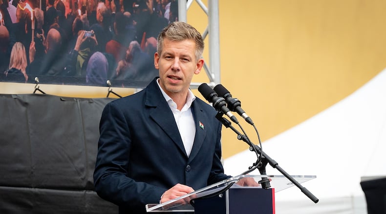Leader of the Hungarian opposition Tisza Party Peter Magyar delivers his speech during the party's nationwide roadshow in Gyor, Hungary, Saturday, Nov. 15, 2025. (Csaba Krizsan/MTI via AP)