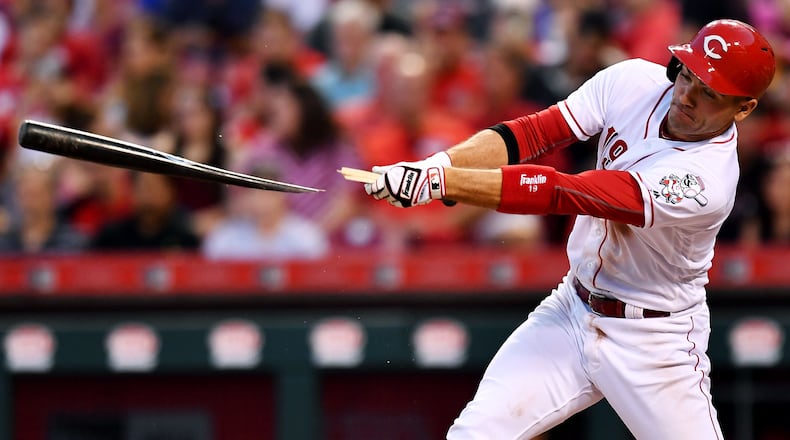 CINCINNATI, OH - AUGUST 9: Joey Votto #19 of the Cincinnati Reds breaks his bat on a single in the fourth inning against the San Diego Padres at Great American Ball Park on August 9, 2017 in Cincinnati, Ohio. (Photo by Jamie Sabau/Getty Images)