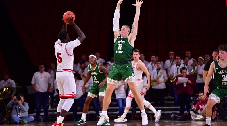Wright State’s Loudon Love defends Miami’s Precious Ayah during Saturday’s game at Millett Hall. Joseph Craven/WSU ATHLETICS