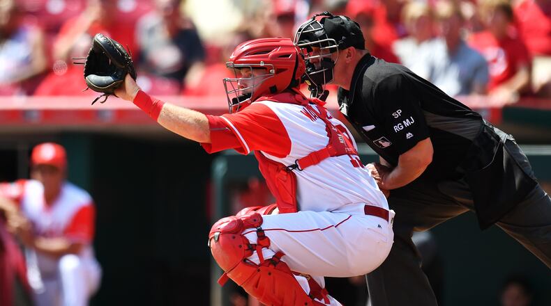 CINCINNATI, OH - AUGUST 27: Chad Wallach of the Cincinnati Reds makes his Major League Baseball debut at catcher in the second inning against the Pittsburgh Pirates at Great American Ball Park on August 27, 2017 in Cincinnati, Ohio. (Photo by Jamie Sabau/Getty Images)