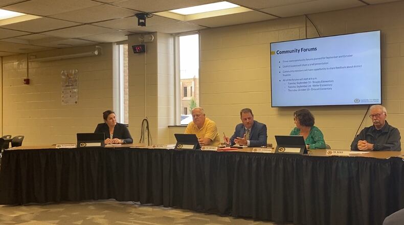 Centerville City Schools Board of Education at its Sept. 3, 2024 meeting unanimously approved a series of reductions that would be implemented if the district's 3.9-mill levy is rejected by voters this November. The reductions would include eliminating staffing, student support services and administrative positions based on enrollment needs and reducing elective course offerings. ERIC SCHWARTZBERG/STAFF