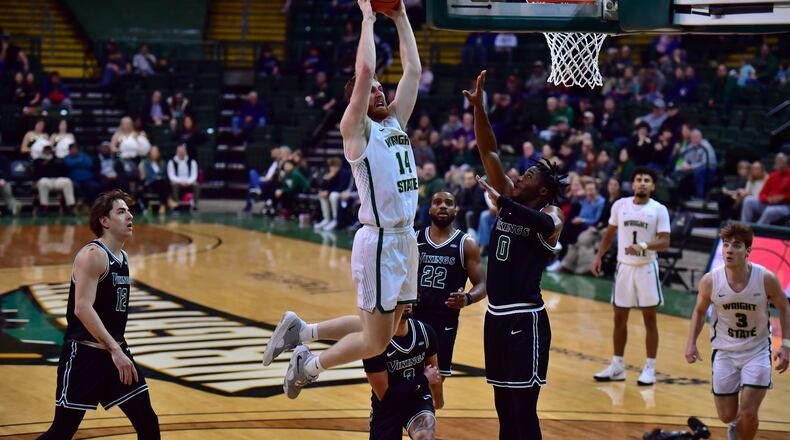 Wright State's Brandon Noel goes up for a dunk during Thursday night's game vs. Cleveland State at the Nutter Center. Joe Craven/Wright State Athletics