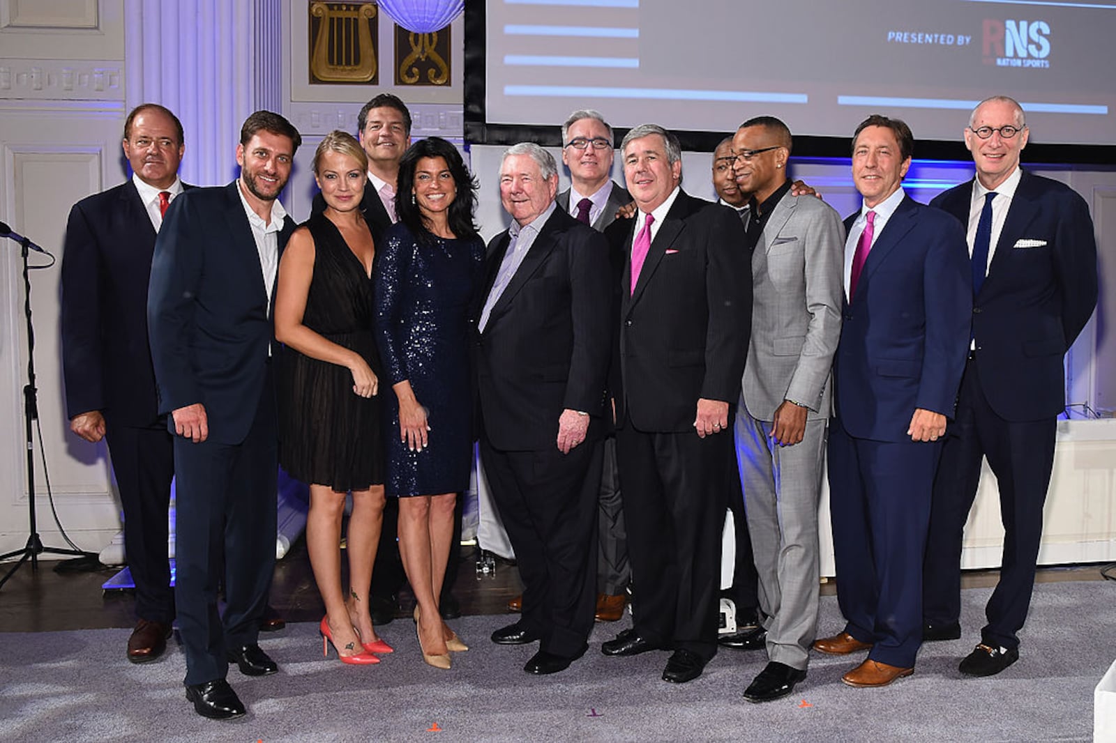NEW YORK, NY - MAY 28: (L-R) Bob Berman, Mike Greenberg, Michelle Beadle, Mike Golic, Maureen J. Reidy, Frank A. Bennack, Keith Olbermann, Bob Ley, John Saunders, Stuart Scott, George Bodenheimer and John Skipper attend the Paley Prize Gala honoring ESPN’s 35th anniversary presented by Roc Nation Sports on May 28, 2014 in New York City. (Photo by Larry Busacca/Getty Images for Paley Center for Media)