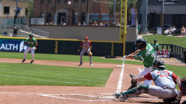 Dayton Dragons outfielder Anthony Stephan slugs a single to deep left-center in the second inning of their game against the Fort Wayne TinCaps on Sunday afternoon at Day Air Ballpark. Jeff Gilbert/CONTRIBUTED