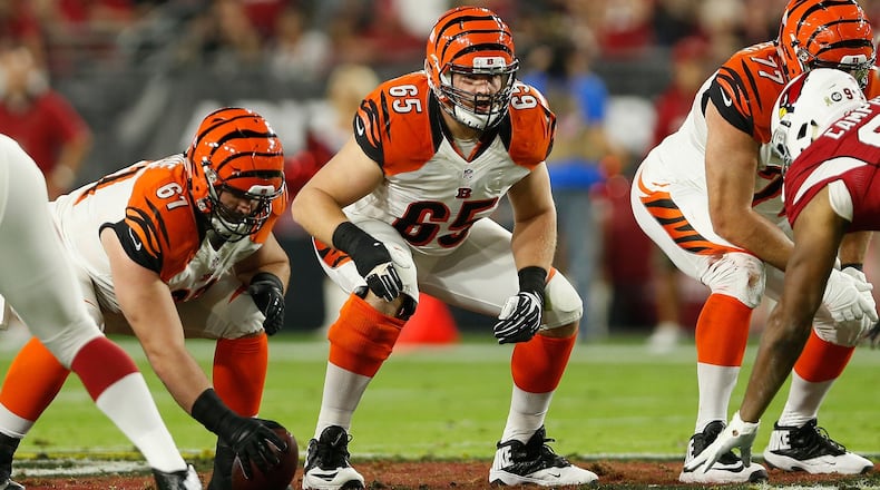 GLENDALE, AZ - NOVEMBER 22: Guard Clint Boling #65 of the Cincinnati Bengals in action during the NFL game against the Arizona Cardinals at the University of Phoenix Stadium on November 22, 2015 in Glendale, Arizona. The Cardinals defeated the Bengals 34-31. (Photo by Christian Petersen/Getty Images)