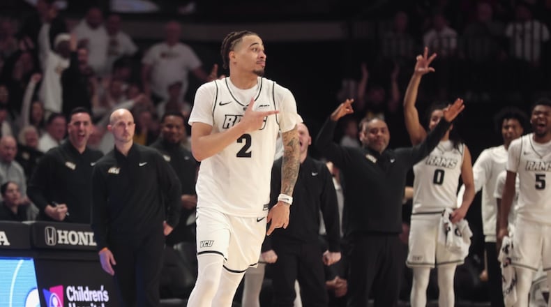 Virginia Commonwealth's Jadrian Tracey reacts after making a 3-pointer against Dayton on Friday, Feb. 6, 2026, at the Siegel Center in Richmond, Va. David Jablonski/Staff