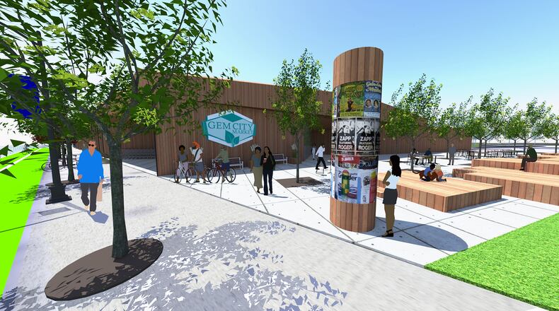 A view of another angle of the possible Gem City Market building design, showing the entrance plaza, a gathering space for the community. ARCHITECT MATT SAUER