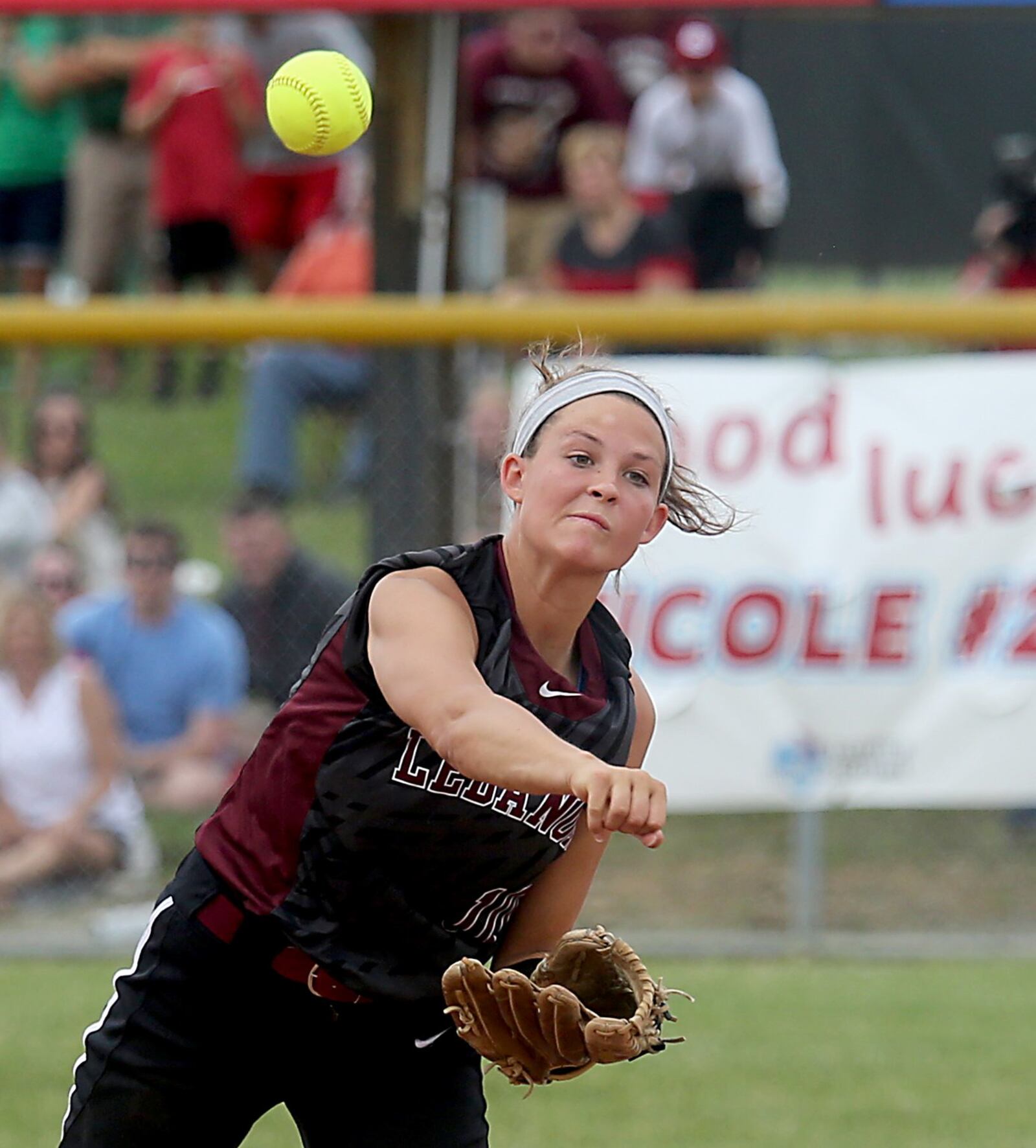 Lebanon shortstop Ashley West makes the throw to first for an out during Sunday’s Division I regional final against Mason at Kings. CONTRIBUTED PHOTO BY E.L. HUBBARD