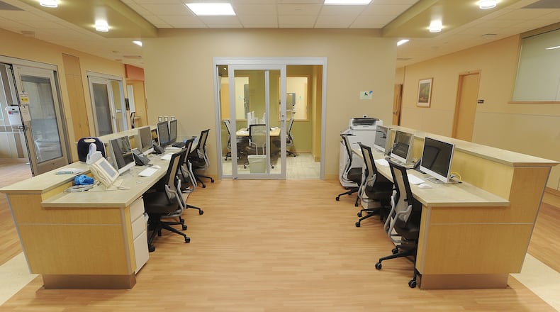 One of the employee work stations at Soin Medical Center, a Kettering Health hospital located at 3535 Pentagon Blvd. in Beavercreek. MARSHALL GORBY\STAFF