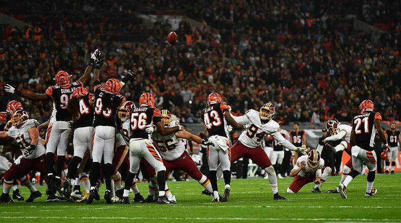 LONDON, ENGLAND - OCTOBER 30: Dustin Hopkins #3 of the Washington Redskins misses a field goal to win the game in overtime during the NFL International Series Game between Washington Redskins and Cincinnati Bengals at Wembley Stadium on October 30, 2016 in London, England. (Photo by Dan Mullan/Getty Images)