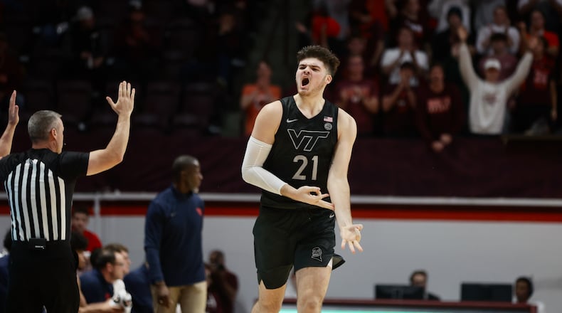 Virginia Tech's Grant Basile celebrates after a basket against Dayton on Wednesday, Dec. 7, 2022, at Cassell Coliseum in Blacksburg, Va. David Jablonski/Staff