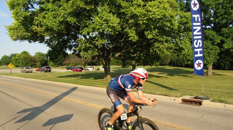 A Blue Streak rider crosses the finish line Oct. 13 in the final time trial event of 2020. CONTRIBUTED PHOTO