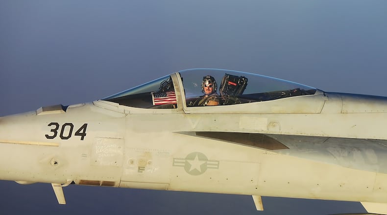 Oakwood native and Navy Lt. Cmdr Doug Schmidt (call sign "Juggalo") in a combat flight over Afghanistan. Contributed