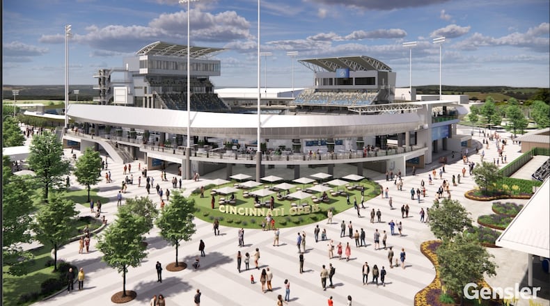 This is a rendering of facade improvements planned for Center Court and the Grandstand Court at the Lindner Family Tennis Center in Mason, home of the Cincinnati Open tennis tournament. The improvements are part of a $260 million renovation of the facility. CONTRIBUTED/CINCINNATI OPEN