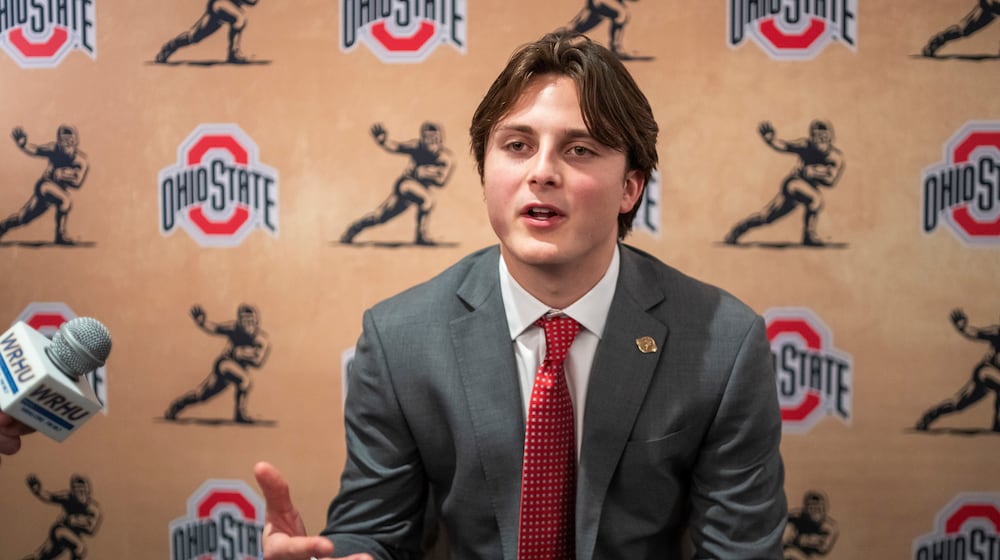 Heisman Trophy finalist Ohio State quarterback Julian Sayin speaks during an NCAA college football news conference before the award ceremony, Saturday, Dec. 13, 2025, in New York. (AP Photo/Eduardo Munoz Alvarez)