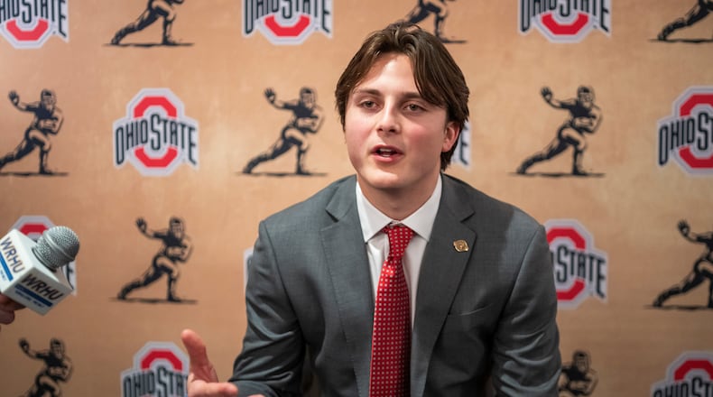 Heisman Trophy finalist Ohio State quarterback Julian Sayin speaks during an NCAA college football news conference before the award ceremony, Saturday, Dec. 13, 2025, in New York. (AP Photo/Eduardo Munoz Alvarez)