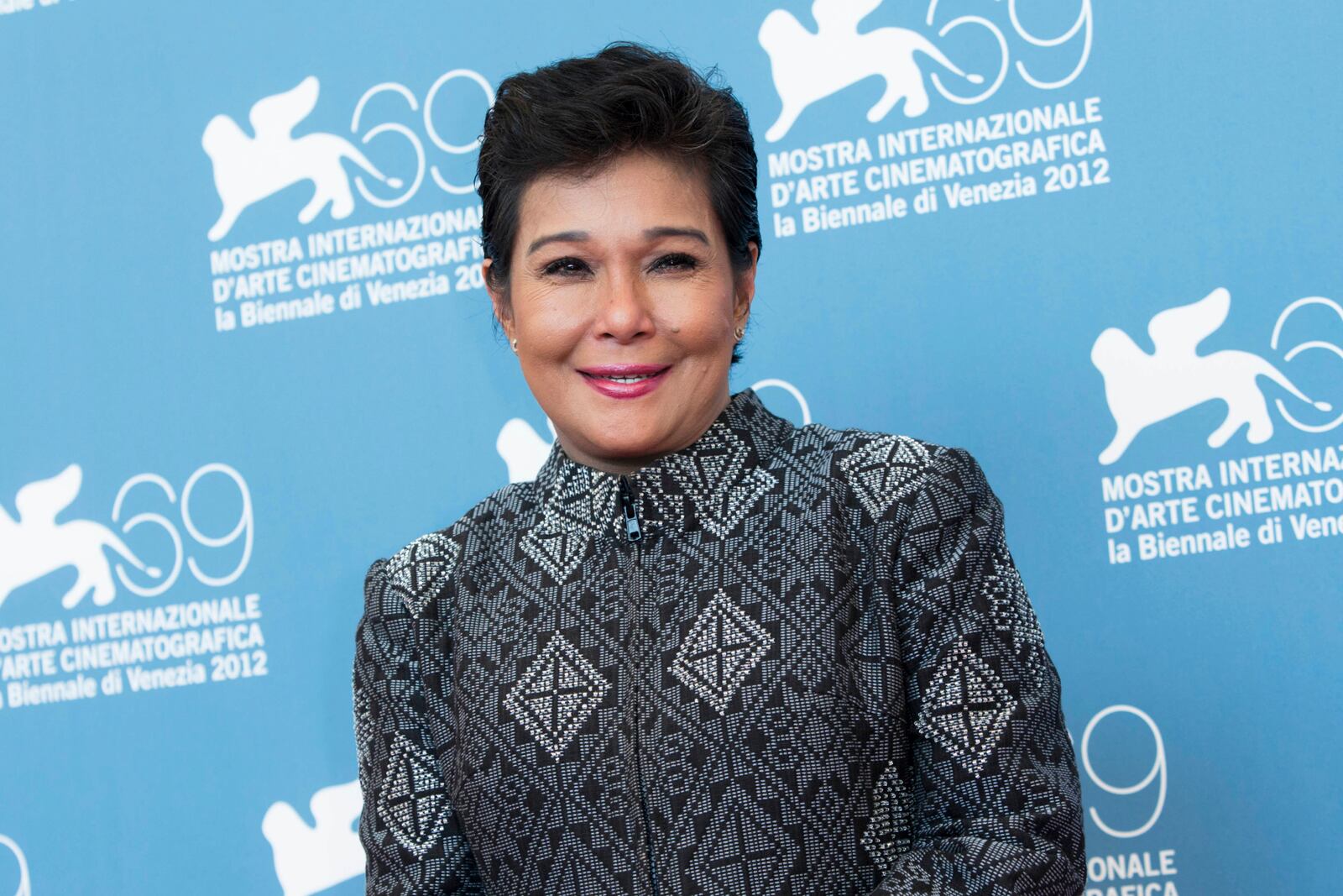 FILE - Actress Nora Aunor appears during the photo call for the film '"Sinapupunan" (Thy Womb) at the 69th edition of the Venice Film Festival in Venice, Italy, on Sept. 6, 2012. (AP Photo/Joel Ryan, File)