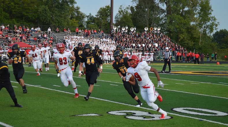 Fairfield’s JuTahn McClain scored seven touchdowns in the Indians’ win over Centerville on Friday, Aug. 24, 2018. Eric Frantz/CONTRIBUTED