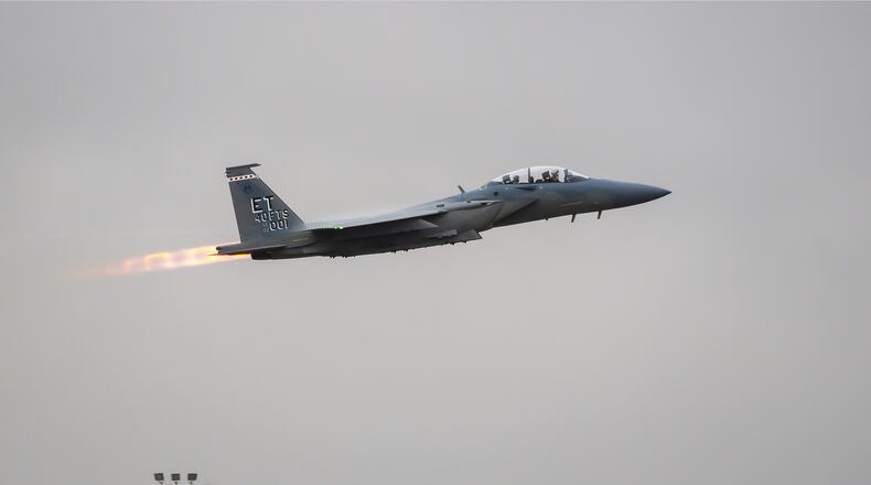 The first F-15EX departs a Boeing facility in St. Louis, Mo, in route to Eglin Air Force Base, Fla. (Photo by Boeing Co.)