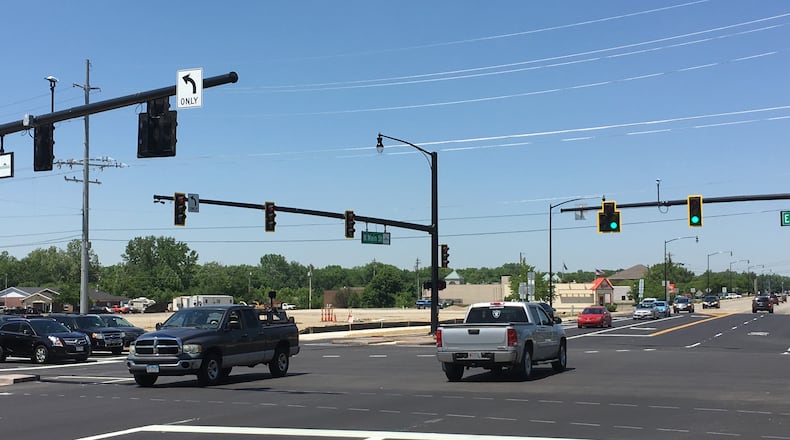 Traffic passes through Springboro’s central crossroads at Ohio 741 and Ohio 73. File photo