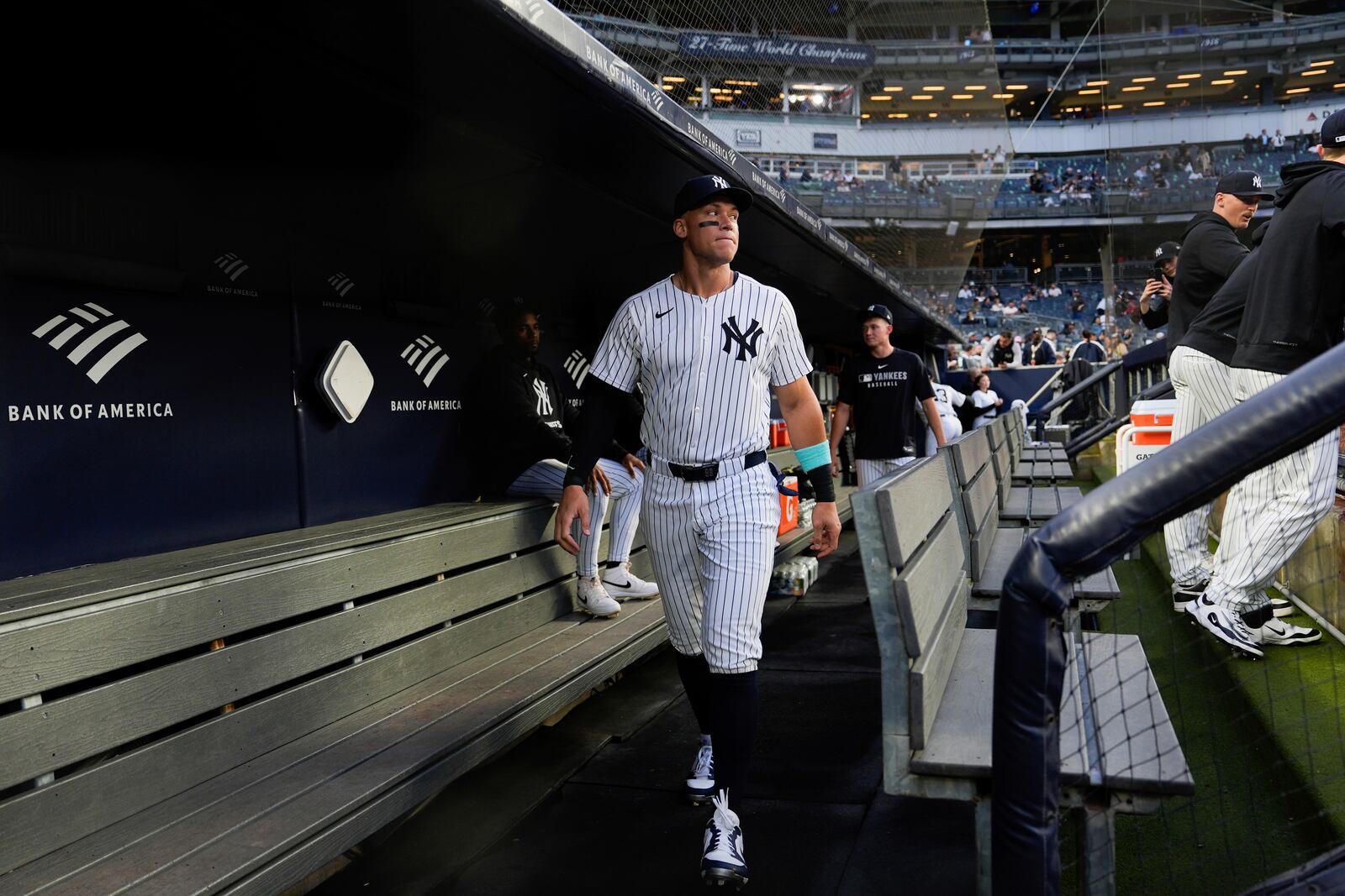 New York Yankees' Aaron Judge walks through the dugout before the first inning of a baseball game against the Arizona Diamondbacks, Thursday, April 3, 2025, in New York. (AP Photo/Julia Demaree Nikhinson)
