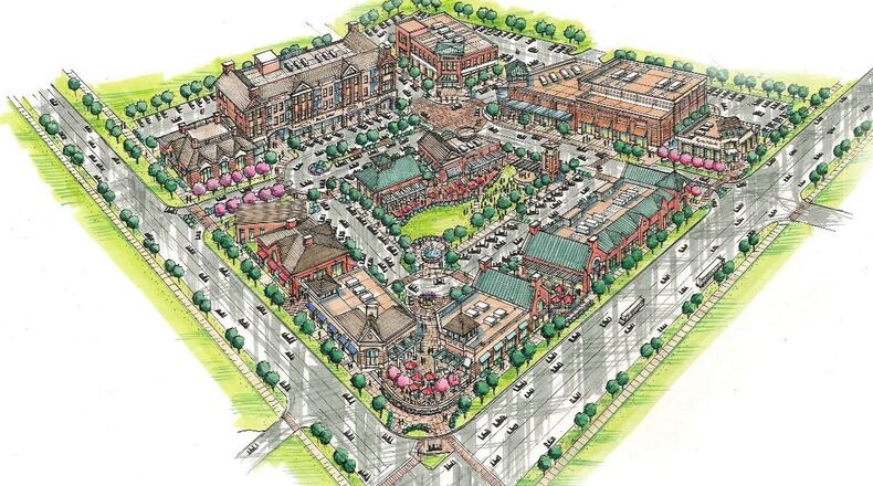 This is a rendering of the redevelopment planned on the northwest corner of Ohio 73 and Ohio 741 in Springboro. A $3.5 million performing arts center, at the top corner of the rendering, is to open by next fall. CONTRIBUTED