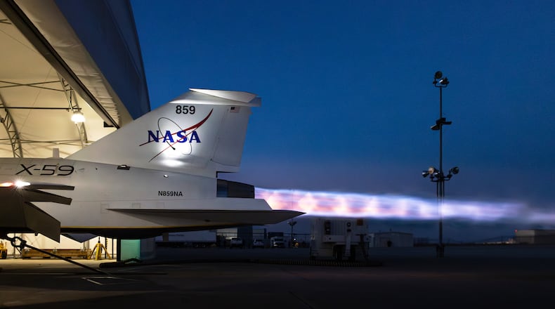 This photo provided by Lockheed Martin shows the X-59 jet plane, which was built by NASA and Lockheed Martin and can move faster than the speed of sound, on Jan. 1, 2025, in Palmdale, Calif. (Garry Tice/Lockheed Martin via AP)