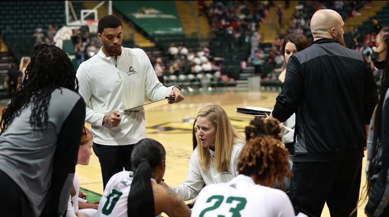 First-year Wright State women's basketball coach Kari Hoffman talks to her team during Wednesday's game vs. Lake Erie College at the Nutter Center. Aaron Horn/ Wright State Athletics