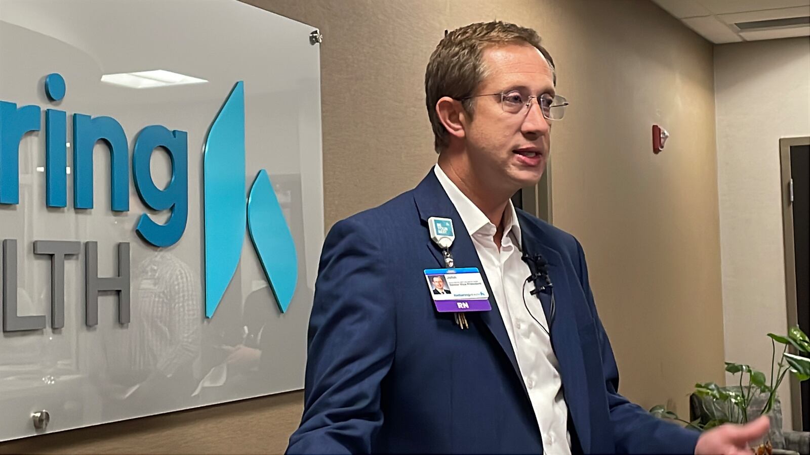 John Weimer, senior vice president and leader for Incident Command at Kettering Health, answers questions about the system-wide technology outage that it is currently experiencing during a press conference held Friday evening. SAM WILDOW/STAFF