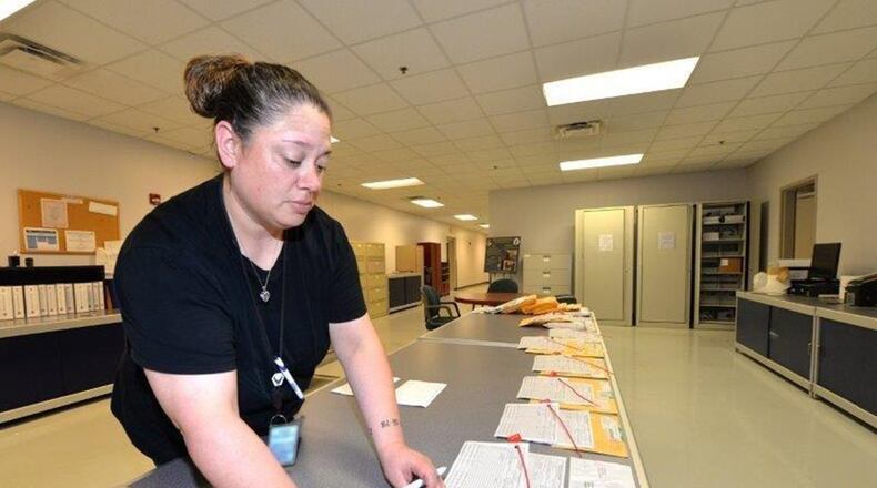 Jennifer Gregorio, 88th Communication Squadron Official Mail Center clerk, carefully accounts for each piece of sensitive mail before it transitions to its final destination at Wright-Patterson Air Force Base. Classified document security comprises a small percentage of the mail branch’s workload yet remains one of its most critical functions. (U.S. Air Force photo/Al Bright)