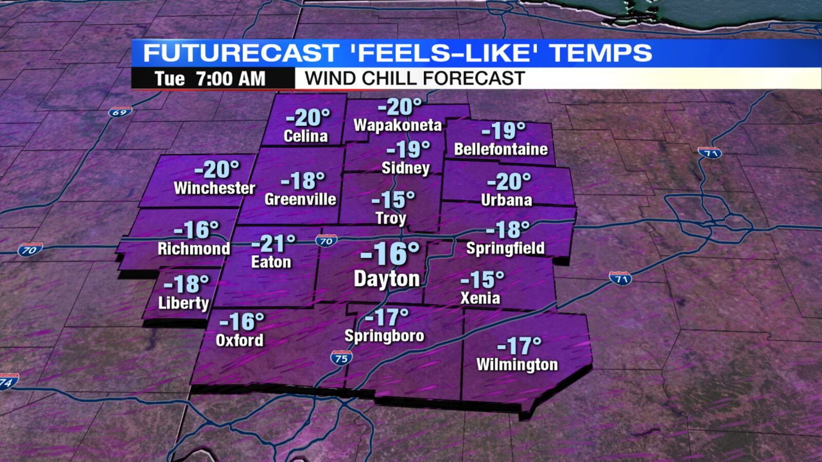 Futurecast Feels Like Temperatures for Tuesday morning