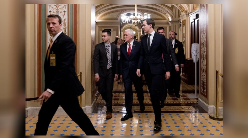 Vice President Mike Pence and Jared Kushner leave the Capitol after a long day of negotiations regarding the government shutdown, Dec. 21, 2018. The federal government headed toward a partial shutdown late Friday night as White House officials and congressional leaders struggled to break an impasse over President Trump's repeated demands for money to build a wall on the southern border. (Erin Schaff/The New York Times)