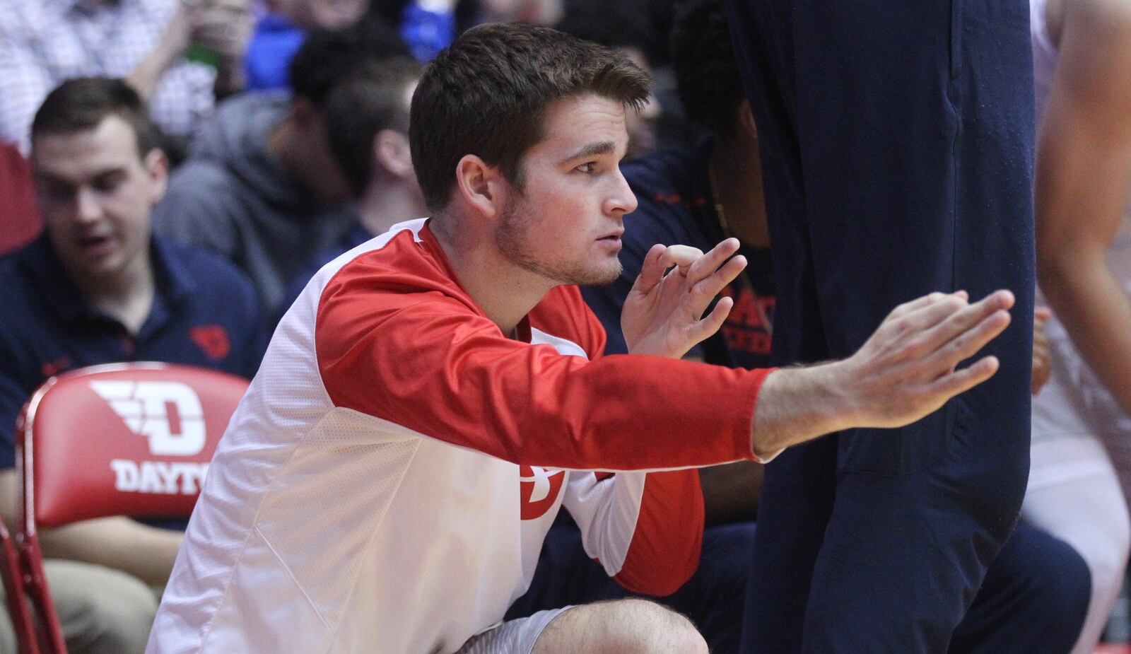 Dayton’s Joey Gruden reacts to a basket against Tennessee Tech on Wednesday, Dec. 6, 2017, at UD Arena. David Jablonski/Staff