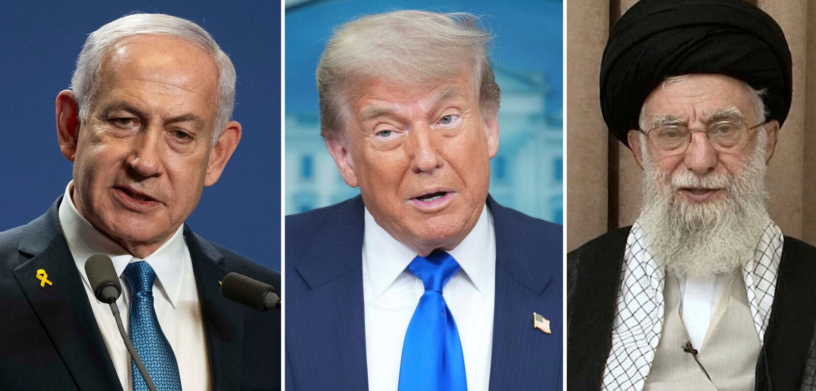 This combination of photos shows Israel's Prime Minister Benjamin Netanyahu in Budapest, Hungary, April 3, 2025, from left, President Donald Trump in the briefing room of the White House in Washington, June 27, 2025, and a handout of Supreme Leader Ayatollah Ali Khamenei during a televised speech in Tehran, Iran, June 26, 2025. (AP Photo/Denes Erdos, from left, AP Photo/Jacquelyn Martin, Office of the Iranian Supreme Leader via AP)