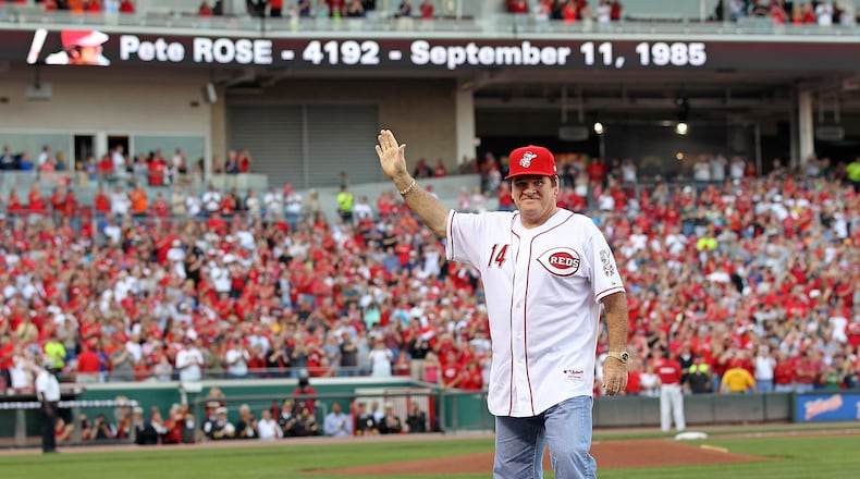 Pete Rose takes part in the ceremony celebrating the 25th anniversary of his breaking the career hit record of 4,192 on September 11, 2010 at Great American Ball Park in Cincinnati, Ohio. He was honored before the start of the game between the Pittsburgh Pirates and the Cincinnati Reds. (Photo by Andy Lyons/Getty Images)