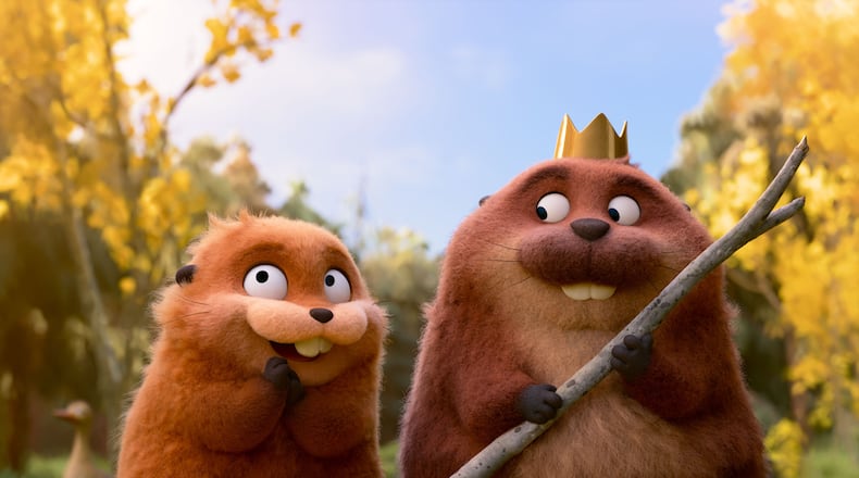 This image released by Disney shows Mabel Beaver, voiced by Piper Curda, left, and King George, voiced by Bobby Moynihan in a scene from the animated film "Hoppers." (Disney/Pixar via AP)