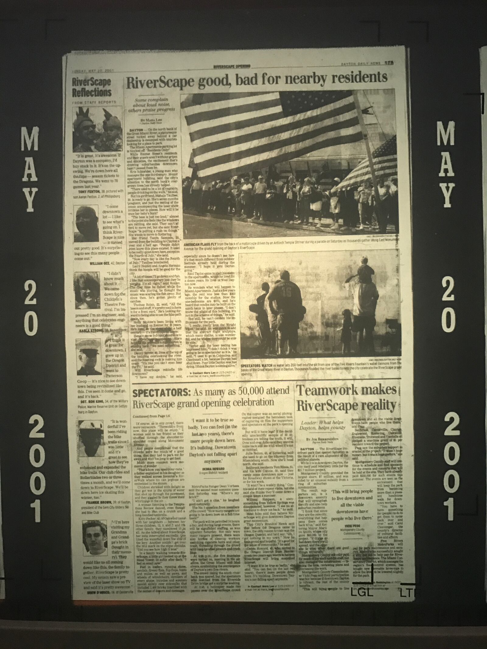 The May 20, 2001 edition of the Dayton Daily News featuring the grand opening of RiverScape.