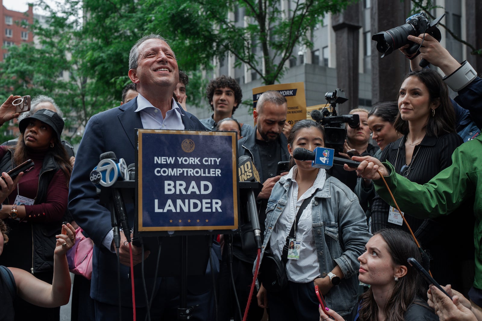New York City Comptroller Brad Lander speaks during a press conference after being released from arrest outside federal immigration court on Tuesday, June 17, 2025, in New York. (AP Photo/Olga Fedorova)