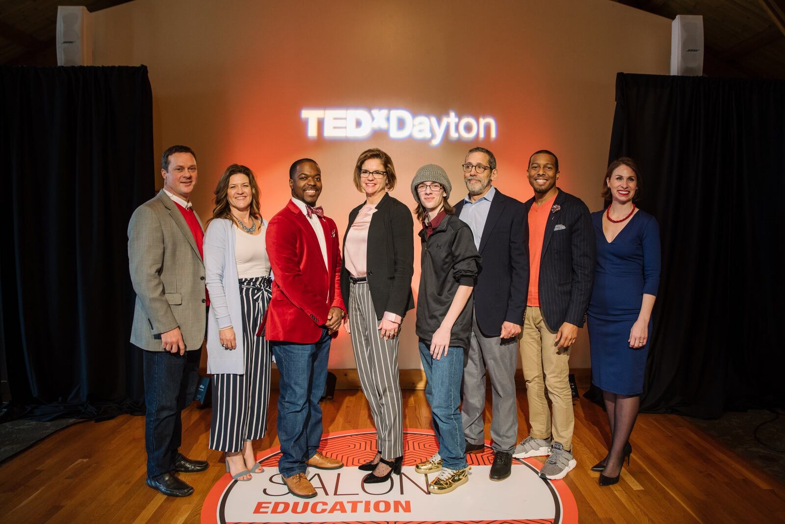 Speakers from the TEDxDaytonSalon event that focused on education issues and ideas included, from left: Dave Melin, Shannon Cox, Donnell Wiggins, Cheryl Taylor, Steve McIntosh, Marc Scancarello, Dave Taylor and Jocelyn Rhynard. CONTRIBUTED PHOTO FROM TEDxDAYTON BY BRIANNA SNYDER