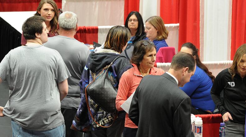 Job seekers visited UD Arena, Thursday, April 25, 2024 for the Spring job fair hosted by the Montgomery County Workforce Development. Job seekers had the opportunity to meet with nearly 150 local employers. MARSHALL GORBY\STAFF
