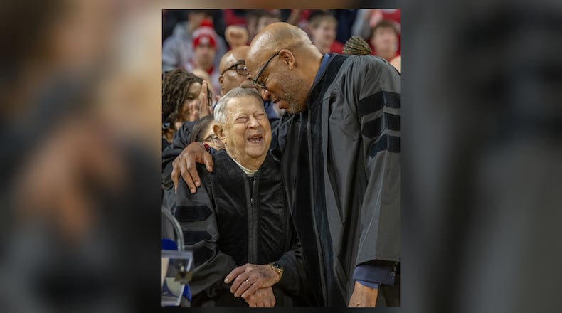 Darrell Hedric with his greatest recruit, Ron Harper out of Dayton’s Kiser High, who led Miami to three straight NCAA Tournaments, became the program’s all-time leading scorer and rebounders and go on to the NBA, where he won five NBA titles: three as a Chicago Bull where he started in the backcourt alongside Michael Jordan and two starting alongside fellow guard Kobe Bryant with the Los Angeles Lakers. Harper was awarded an honorary Doctor of Humane Letters two weeks ago at Millett Hall and he wanted his now 92-year-old coach at his side. MIAMI ATHLETICS / CONTRIBUTED PHOTO