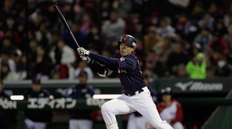 HIROSHIMA, JAPAN - NOVEMBER 13:  Outfielder Shogo Akiyama #55 of Japan hits an inside-the-park home run in the top of 8th inning during the game four between Japan and MLB All Stars at Mazda Zoom Zoom Stadium Hiroshima on November 13, 2018 in Hiroshima, Japan.  (Photo by Kiyoshi Ota/Getty Images)