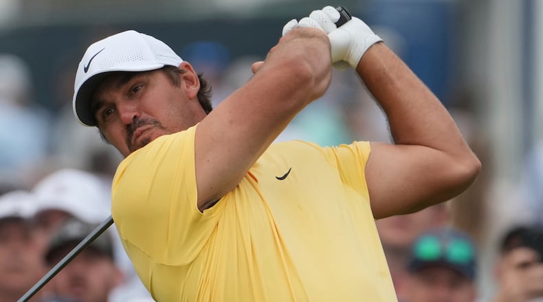 FILE - Brooks Koepka tees off on the 15th hole during the second round of the U.S. Open golf tournament at Oakmont Country Club Friday, June 13, 2025, in Oakmont, Pa. (AP Photo/Gene J. Puskar, File)