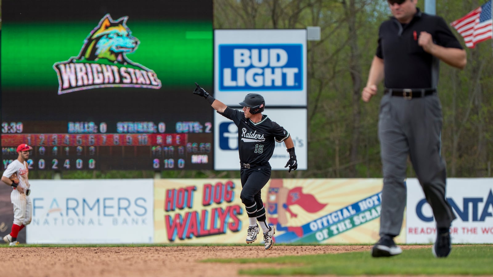 Wright State University senior Boston Smith, a Vandalia Butler grad, celebrates after hitting a home run during their game on Friday, May 2 at Youngstown State University. The Raiders swept the three-game series against the Penguins, clinching the Horizon League regular season title. Jordan Wommack/CONTRIBUTED PHOTO