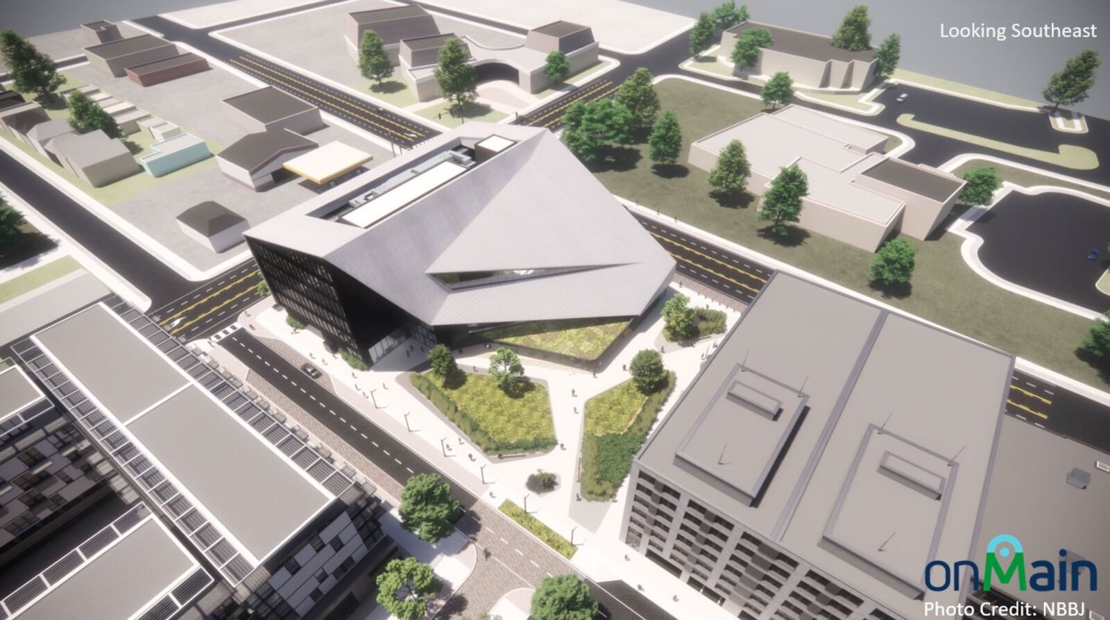 A rendering of onMain's first proposed building on the former Montgomery County Fairgrounds property in southern Dayton. CONTRIBUTED BY NBBJ