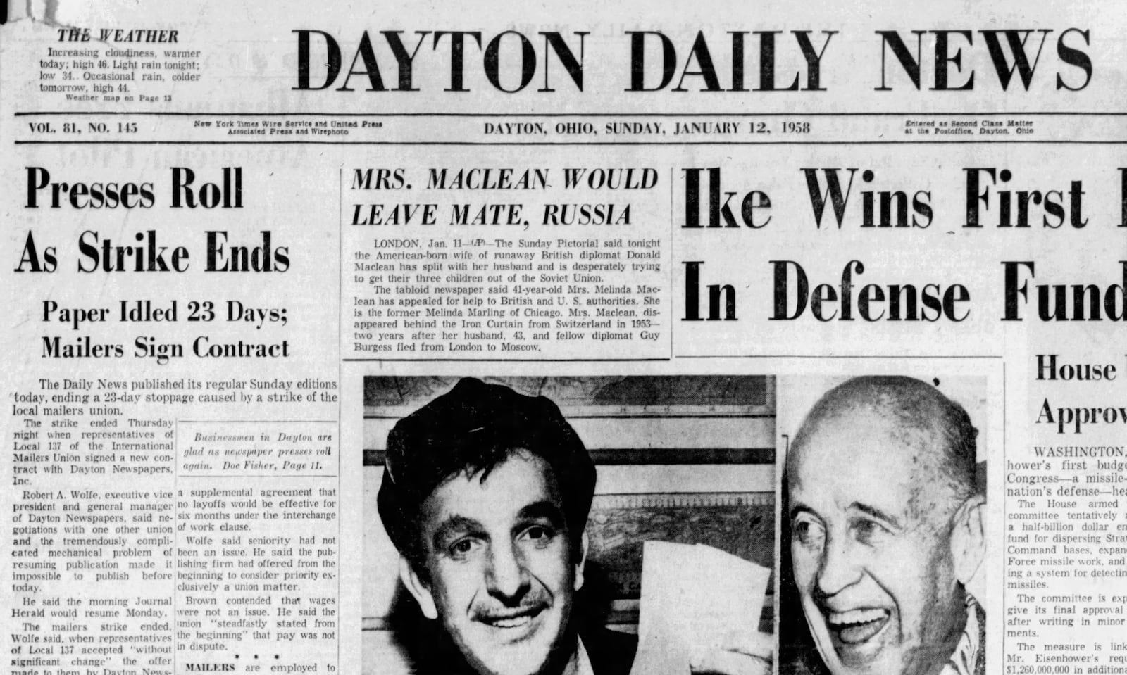 Jan. 12, 1958 - Presses roll as strike ends. DAYTON DAILY NEWS ARCHIVES.