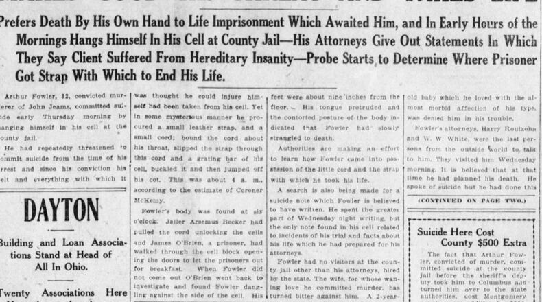 An article appeared on the front page of the Dayton Daily News on June 4, 1914 about Albert “Roy” Fowler attempted suicide.  He was sentenced to died for the murder years earlier of Mary “Mamie” Hagerty.