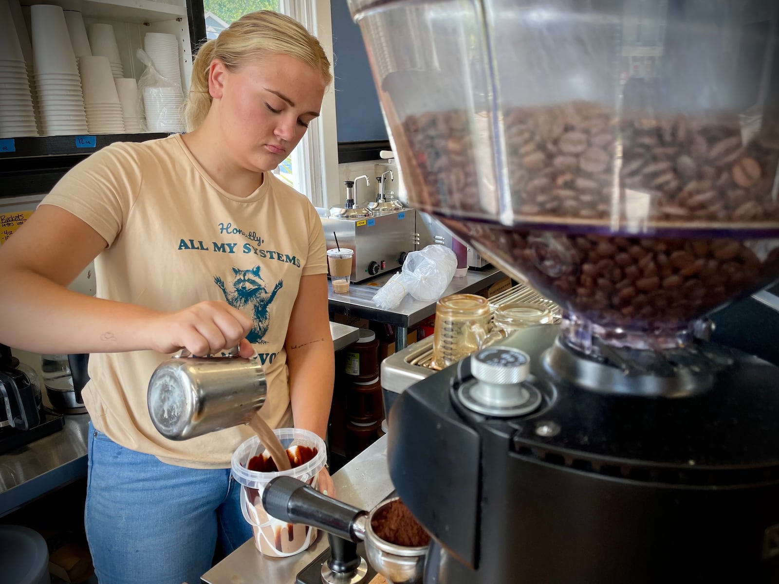 Since opening in October, Taylor’s Coffee & Creamery in Waynesville has added several new items to their menu including the viral 34 oz. coffee buckets. NATALIE JONES/STAFF